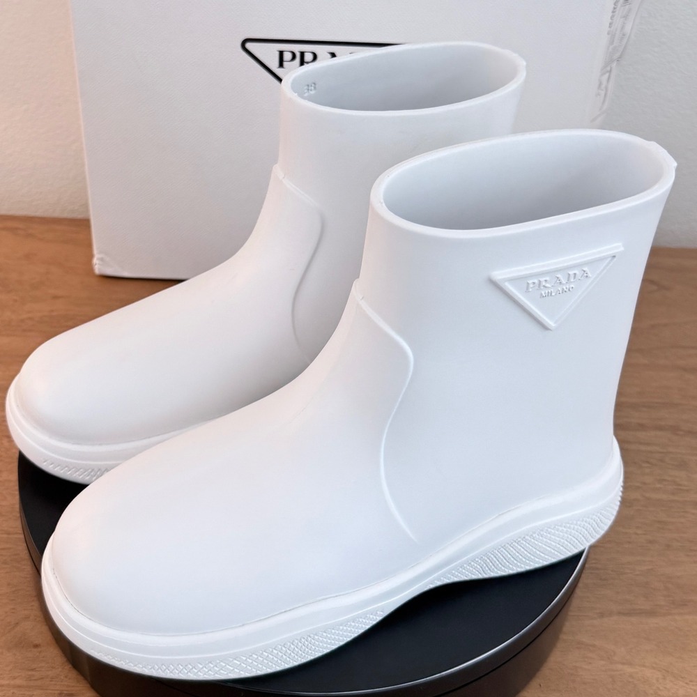 Prada Women Monolith White Rubber Rain Boots Ankle Lug Sole Logo 1T702M Size 38